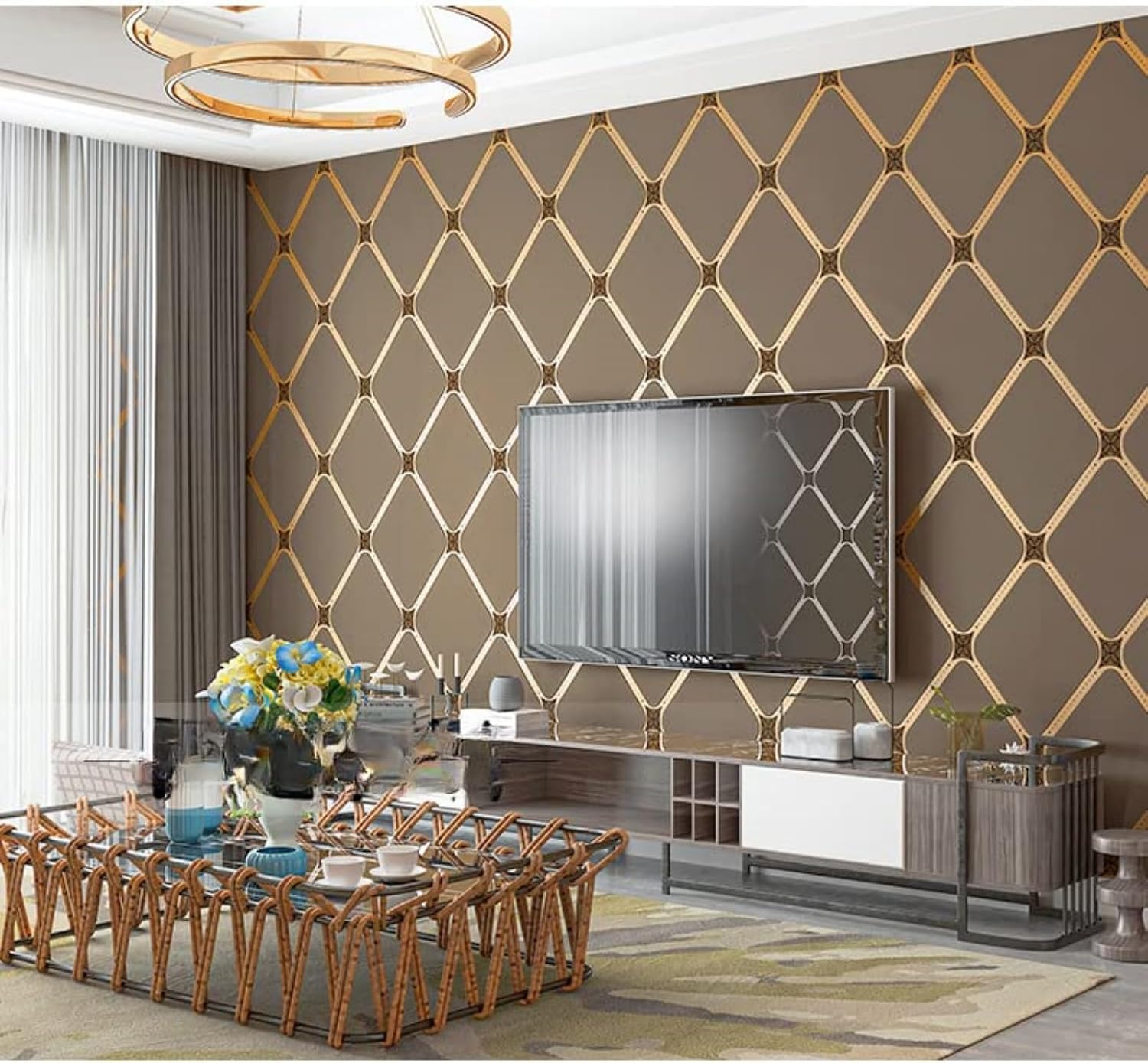 High-Grade Deerskin Velvet 3D Wallpaper Nordic Geometric Lines Modern Minimalist Vertical Stripes Living Room TV Background Non-Woven (Coffee Gold Wallpaper 98506)