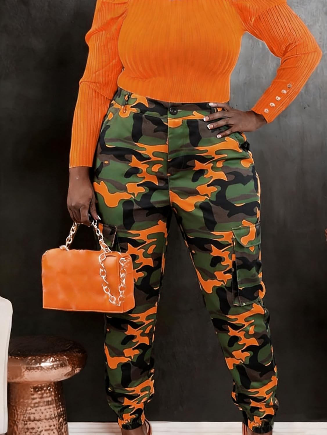 Women’s Camo Cargo Pants High Waisted Jogger Pants with Pockets Slim Fit Casual Trousers