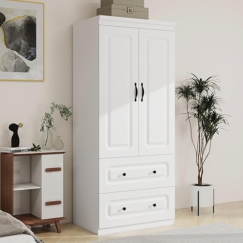 Wardrobe Closet with Storage Armoires Wardrobes Closet with 2 Doors Wardrobe Closet for Hanging Clothing Rod Wardrobe Closet Storage Cabinet with 2 Drawers for Storage, White
