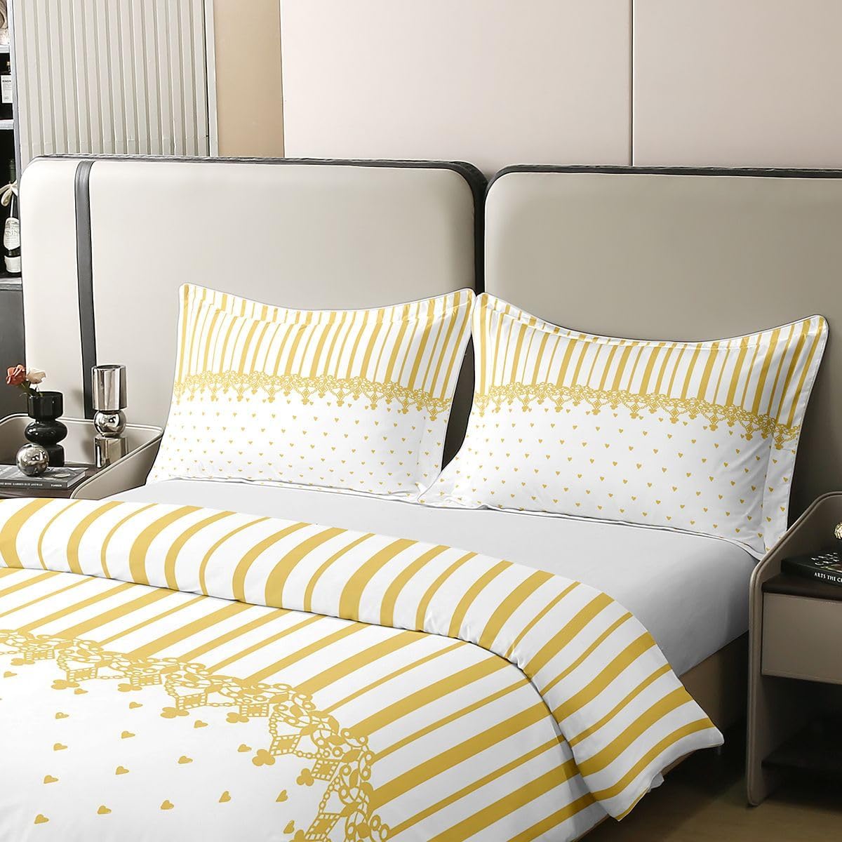 Erosebridal Yellow Lace Striped 100% Cotton Duvet Cover King for Kids Girls