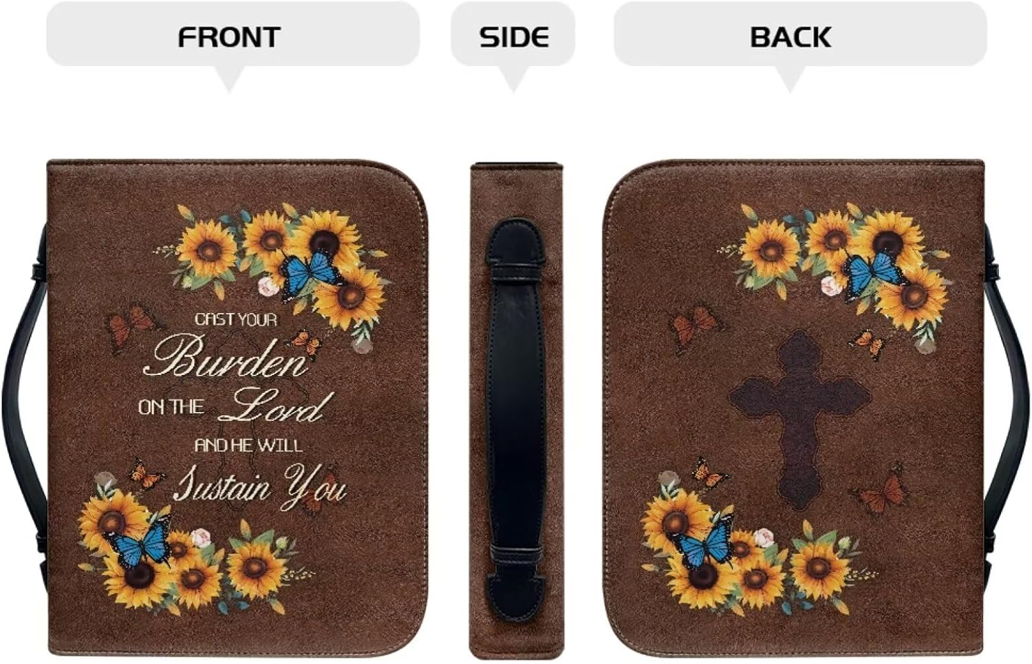 Bible Cover PU Leather Bible Book Covers Sunflower Butterfly Brown Cross Print Church Bible Bag Zippered Book Organizer Holder for Christian Prayer Outdoor Study, 2XL