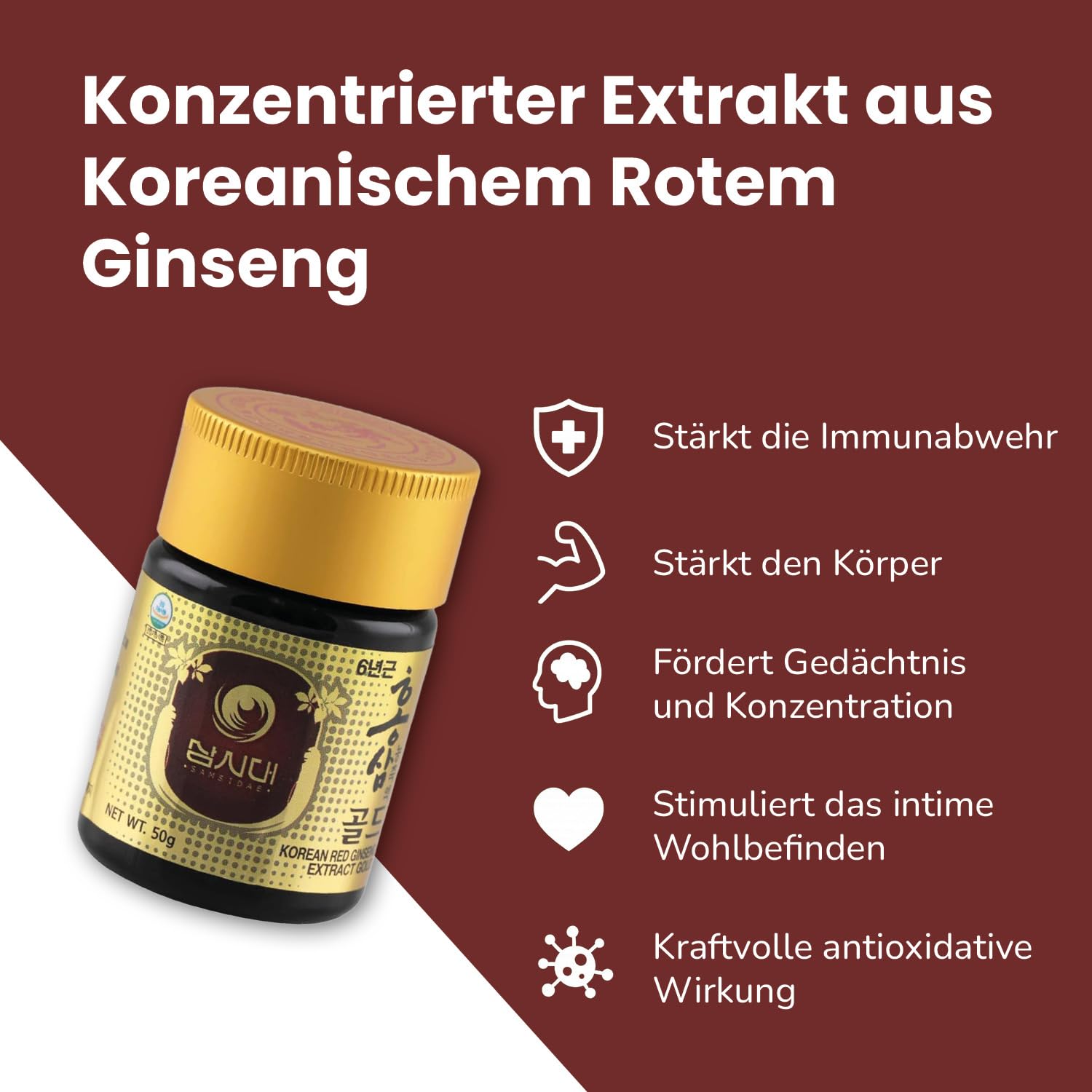 SAMSIDAE - Koreanischer Roter Ginseng Gold Extrakt, Höchste Ginsenosid-Konzentration 13 mg/g, 6 Jahre alte Wurzeln, Premium Qualität, 45-Tage-Kur, 50g