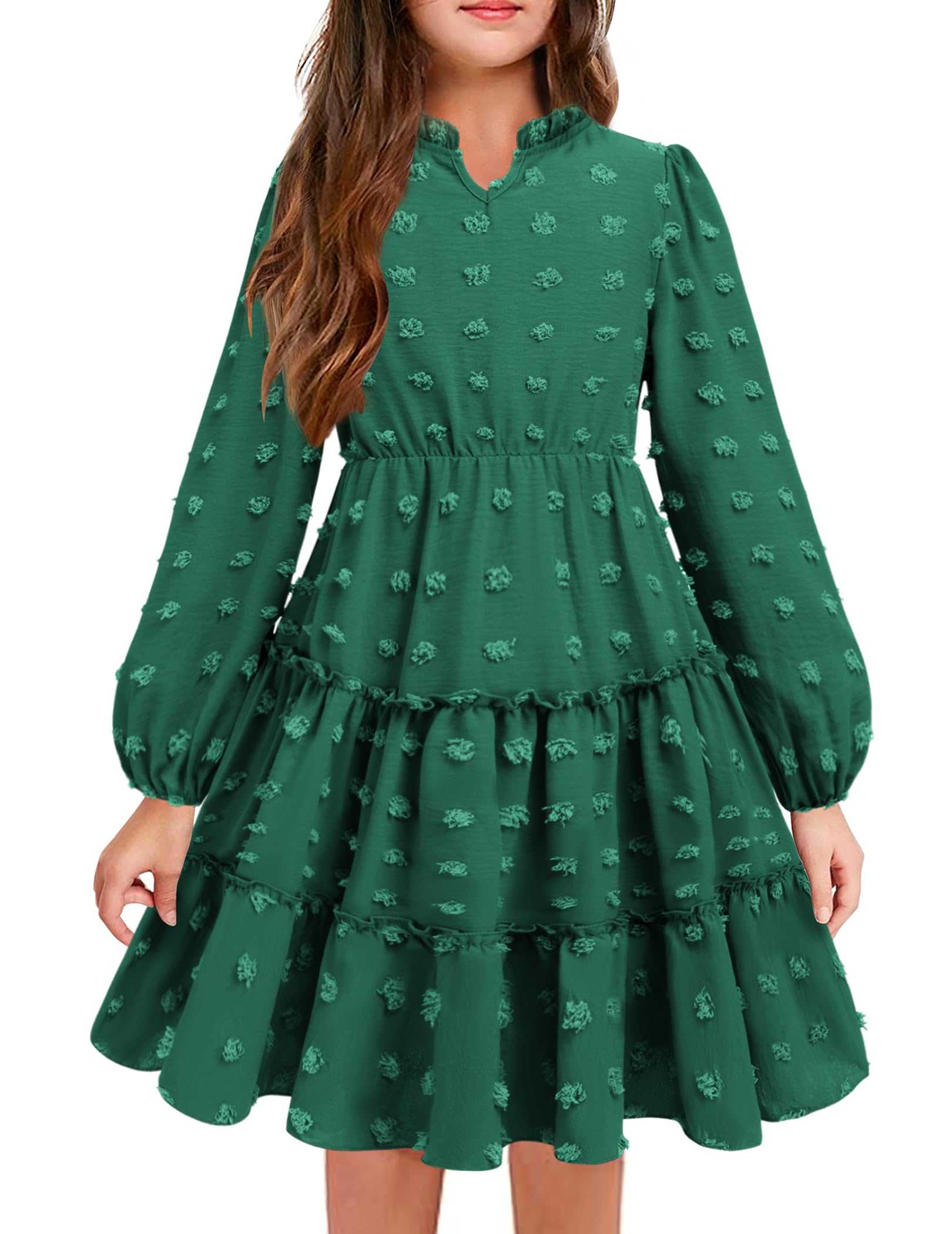 Arshiner Vestido Niña Festivo con Volantes Cuello en V Manga Larga Vestido de Gasa con Puntos Suizos Vestido de Fiesta Infantil Vestido de Princesa para Boda Vestido Skater 5-12 Años