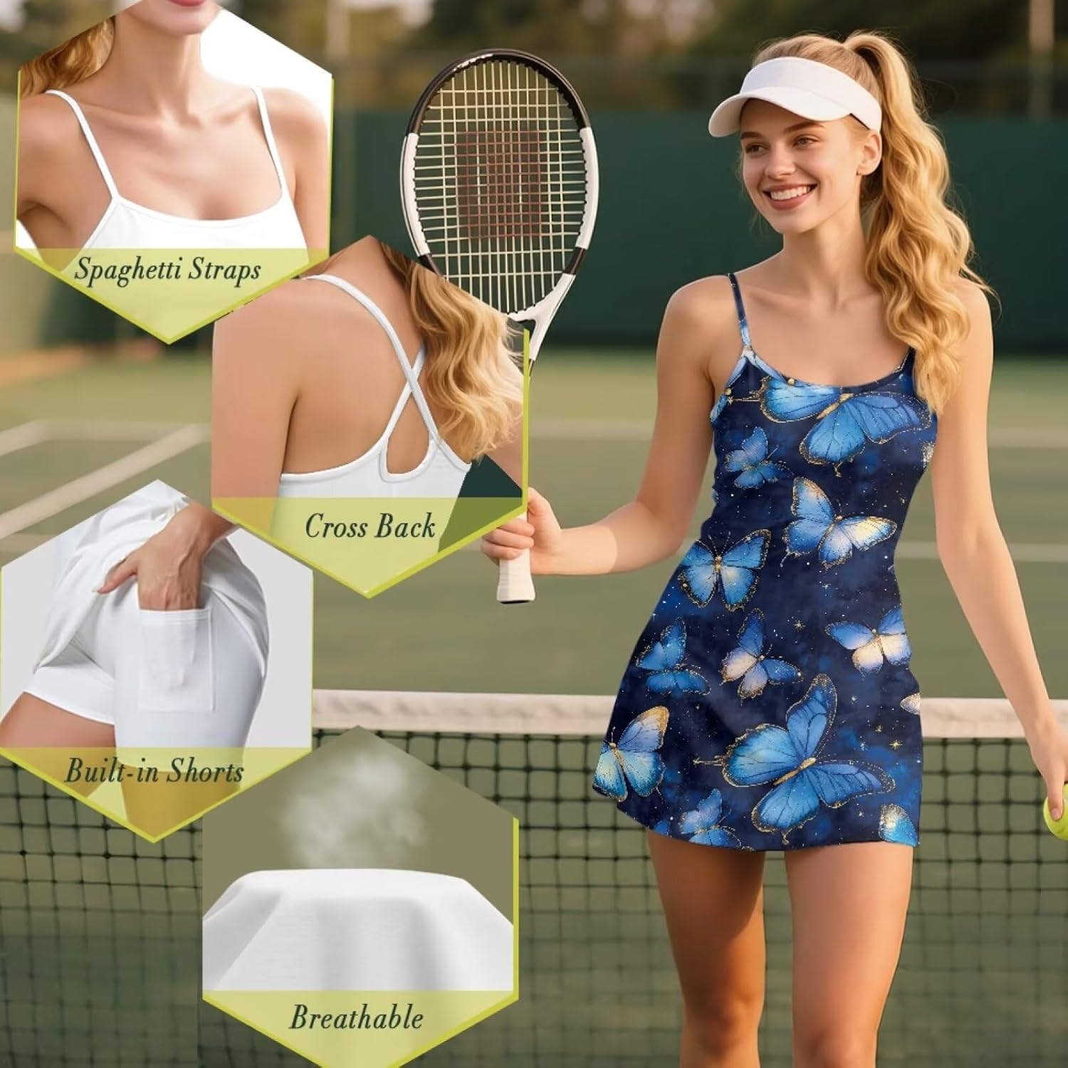 Womens Square Neck Tennis Dress with Shorts Spaghetti Strap Backless Workout Side Slit Athletic Golf Dresses