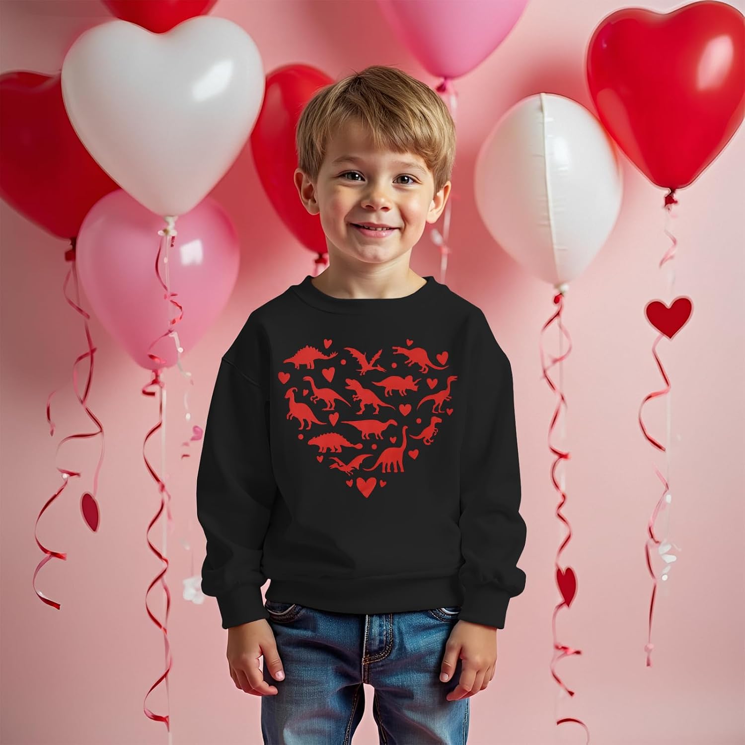BOUTIKOME Toddler Boy Valentines Sweatshirts Dinosaur Heart Shirts Baby Long Sleeve Pullover Tops Dino Lover Clothes