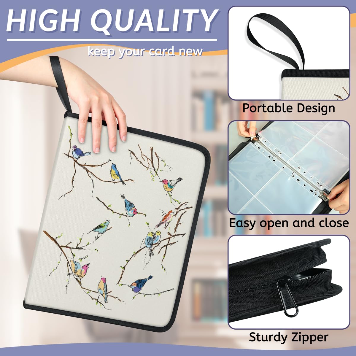 Carpeta para tarjetas de intercambio con 4 bolsillos, diseño de pájaros pequeños, álbum de tarjetas con fundas extraíbles, impermeable, con cremallera, capacidad para 50 páginas y 400 tarjetas
