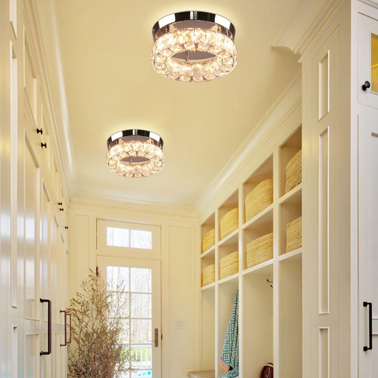 Dimmable Modern Crystal Chandeliers Round LED Ceiling Light with Remote Flush Mount Small Chandelier for Hallway Foyer Kitchen,Stair,Closet,3 Colors Adjustable,Memory Function