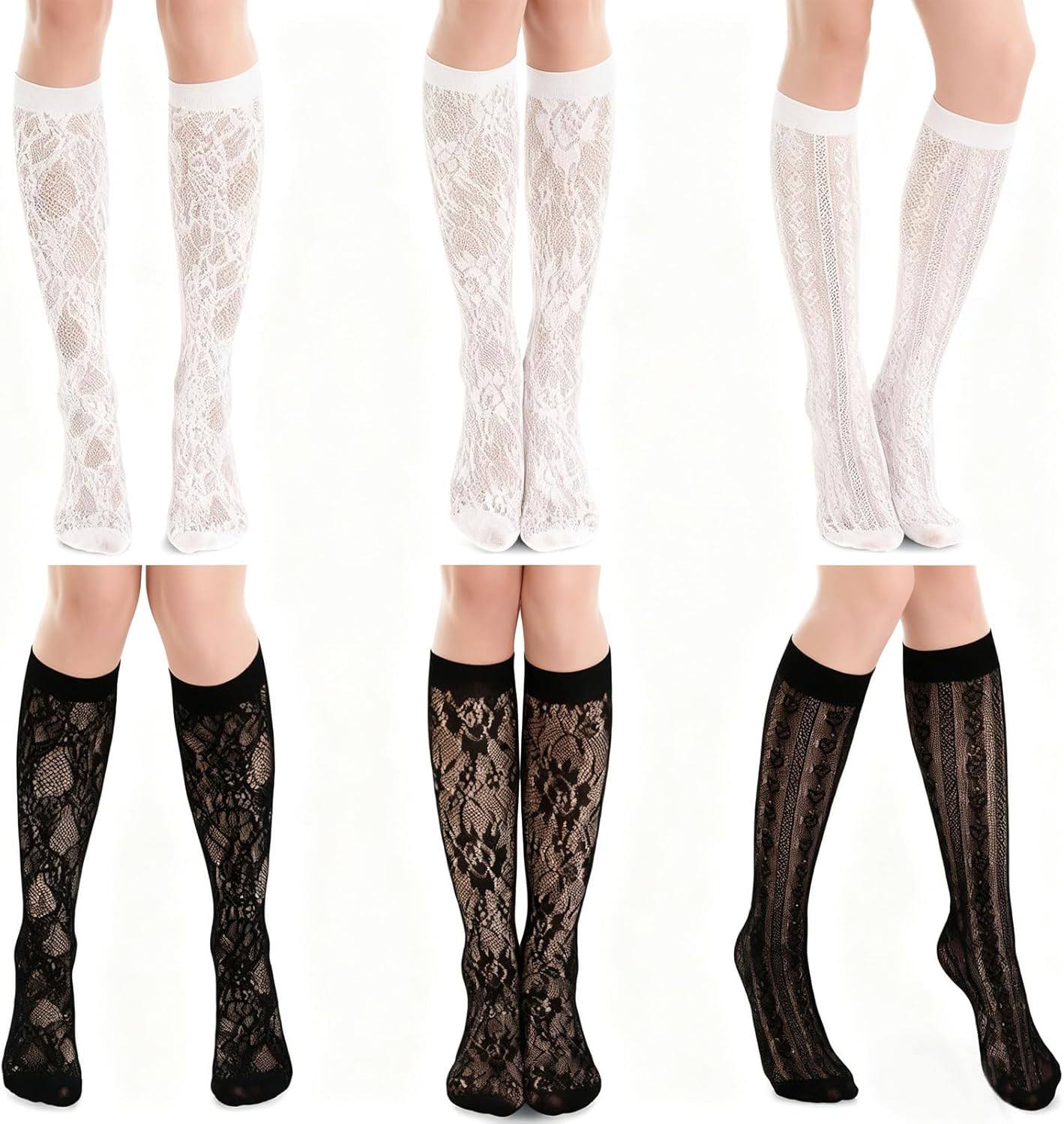 6 Pairs Knee High Stockings for Women Socks Knee High Lace White Black Sock Women Lace Socks for Boots, Short Skirt, Shoes (Black, White)
