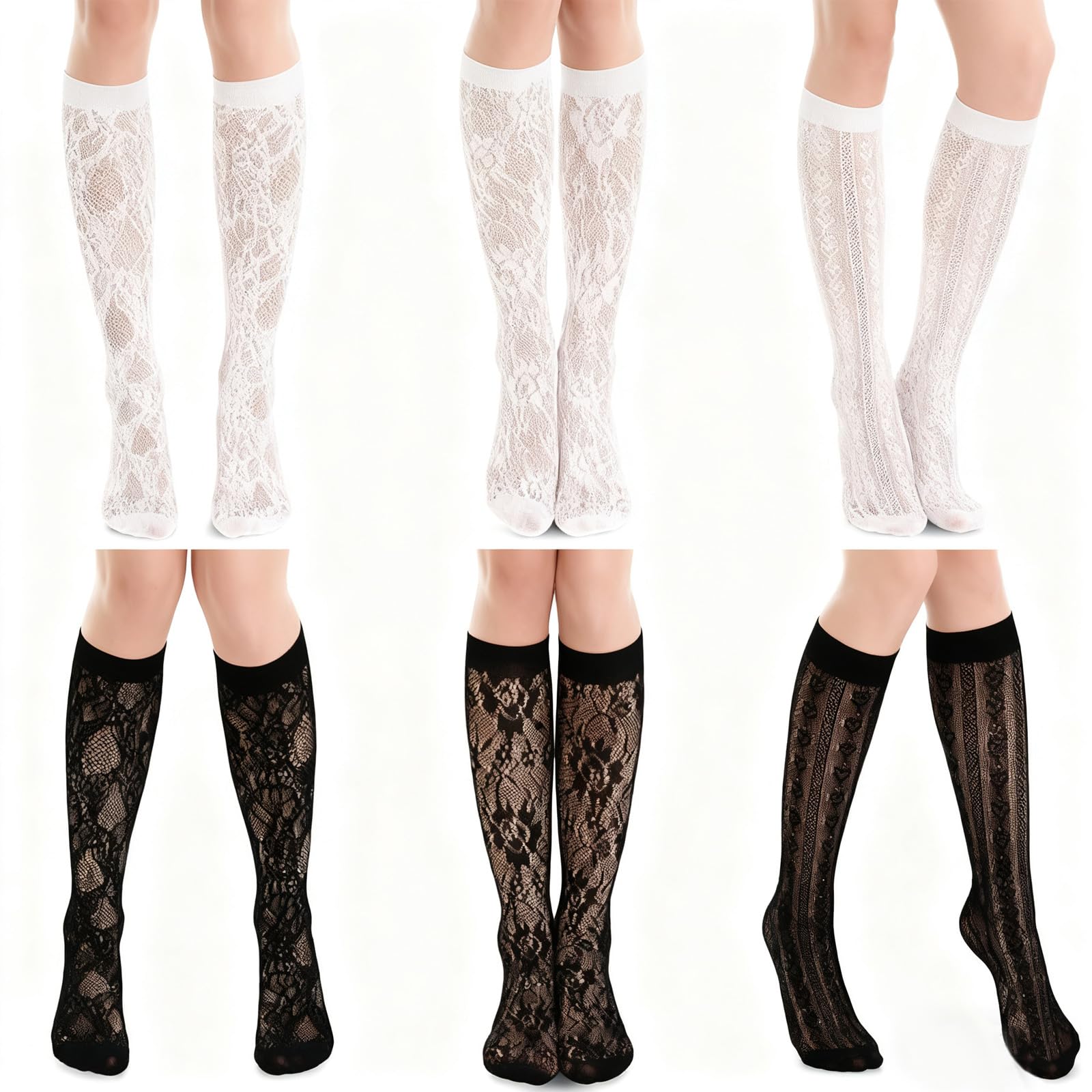 Photo 1 of Xthrotsenk Lace Knee High Socks - Black and White - 6 Pairs
