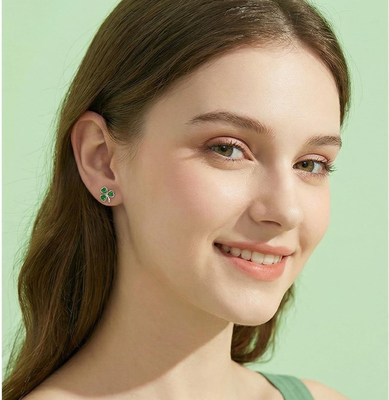 Reffeer Solid 925 Sterling Silver Green CZ Flower Stud Earrings Clover for Women Teen Girls Clover Stud Earrings Shamrock Earrings Summer - Image 2