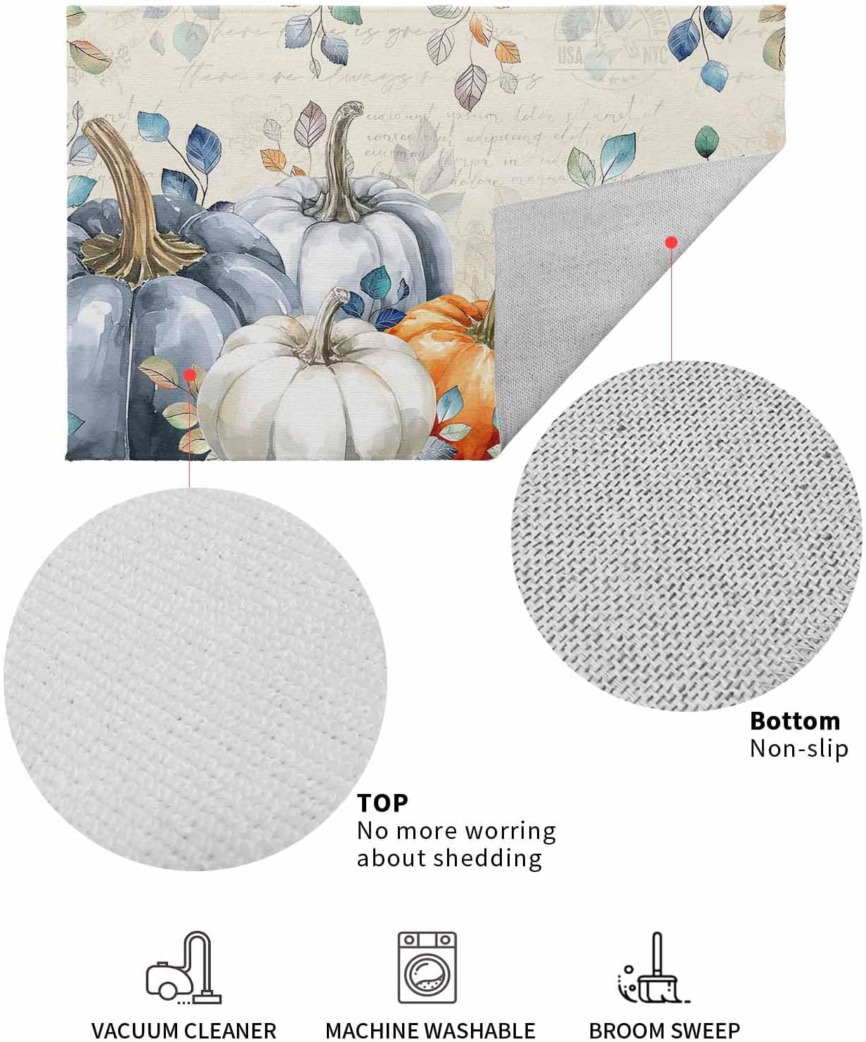 Fall Front Door Mat Outside Entrance, Autumn Blue Orange Pumpkin Outdoor Indoor Low Profile Door Mats for Entryway, Funny Thanksgiving Eucalyptus Leaves Retro Welcome Mat Entry Doormats