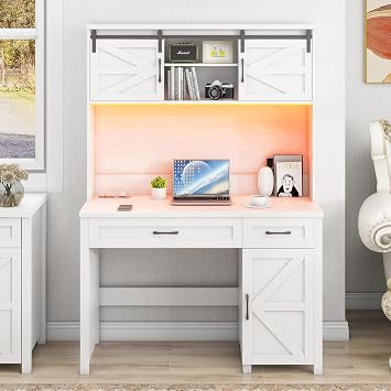 Halitaa Farmhouse 47" Executive Computer Desk with 2 Drawers and Storage Cabinet, Home Office Desk with Hutch and Charging Station, Workspace for Work and Study Cream White.