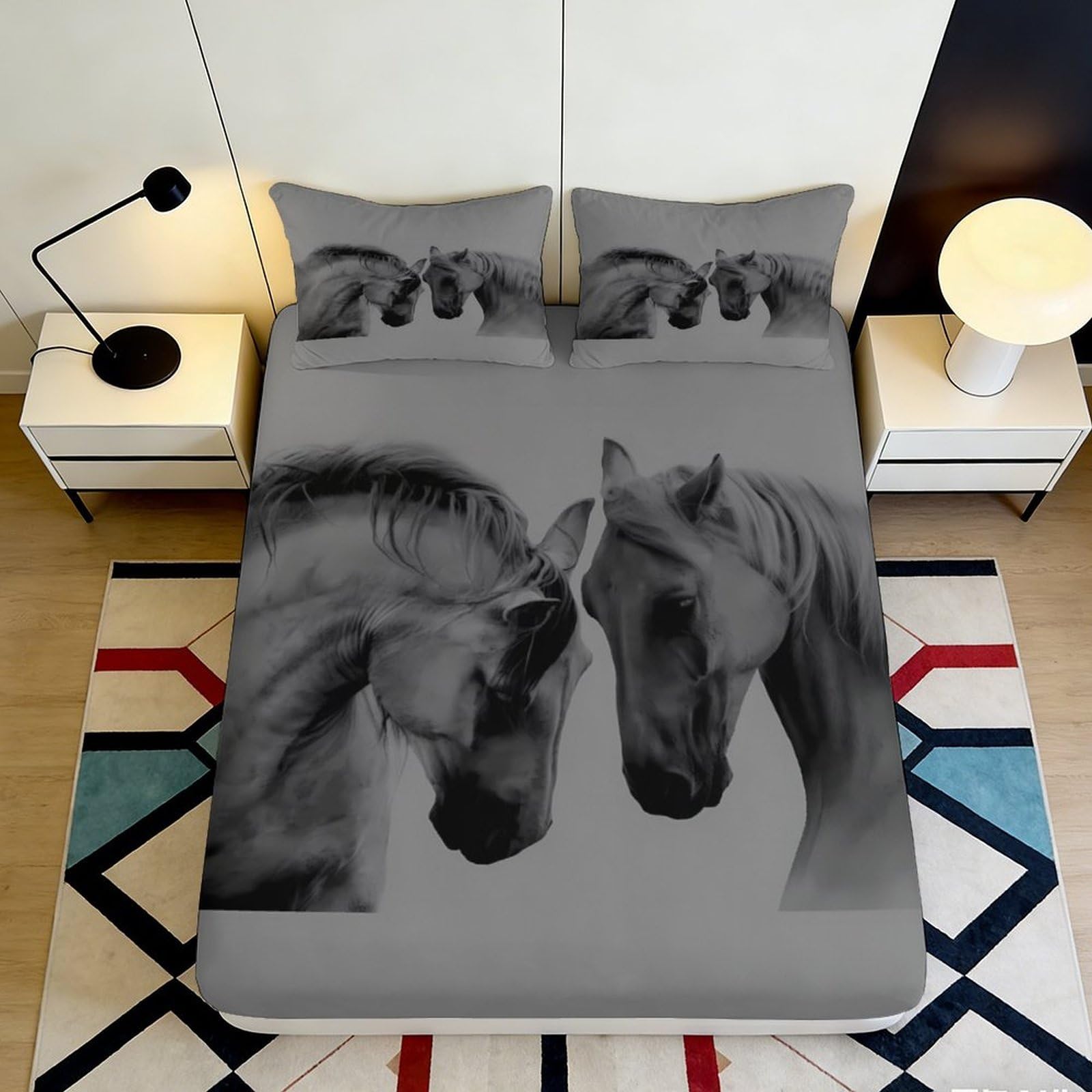 Qjzxknhpgr Style-4 3D Printed Horse Lovers Fitted Sheet Microfiber Grey Animal Bed Cover For Bedroom Guest Room Mattress Protection Decor 90X200x25cm