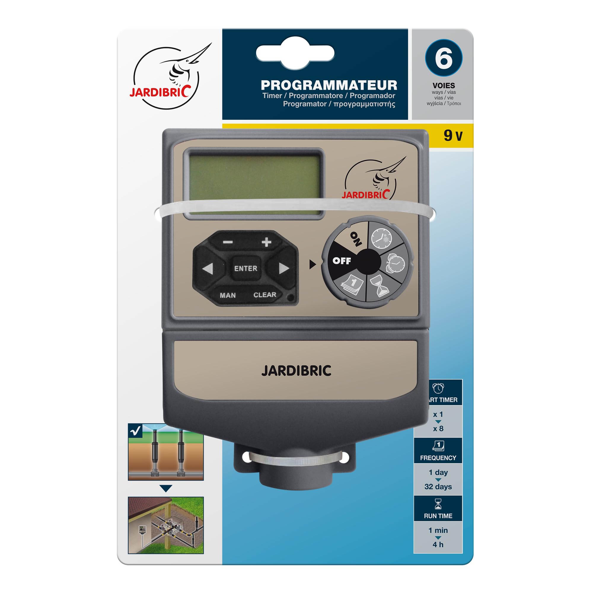 Jardibric – Programador de riego 9 V 6 vías – 2 programas independientes multi-zonas electroválvula