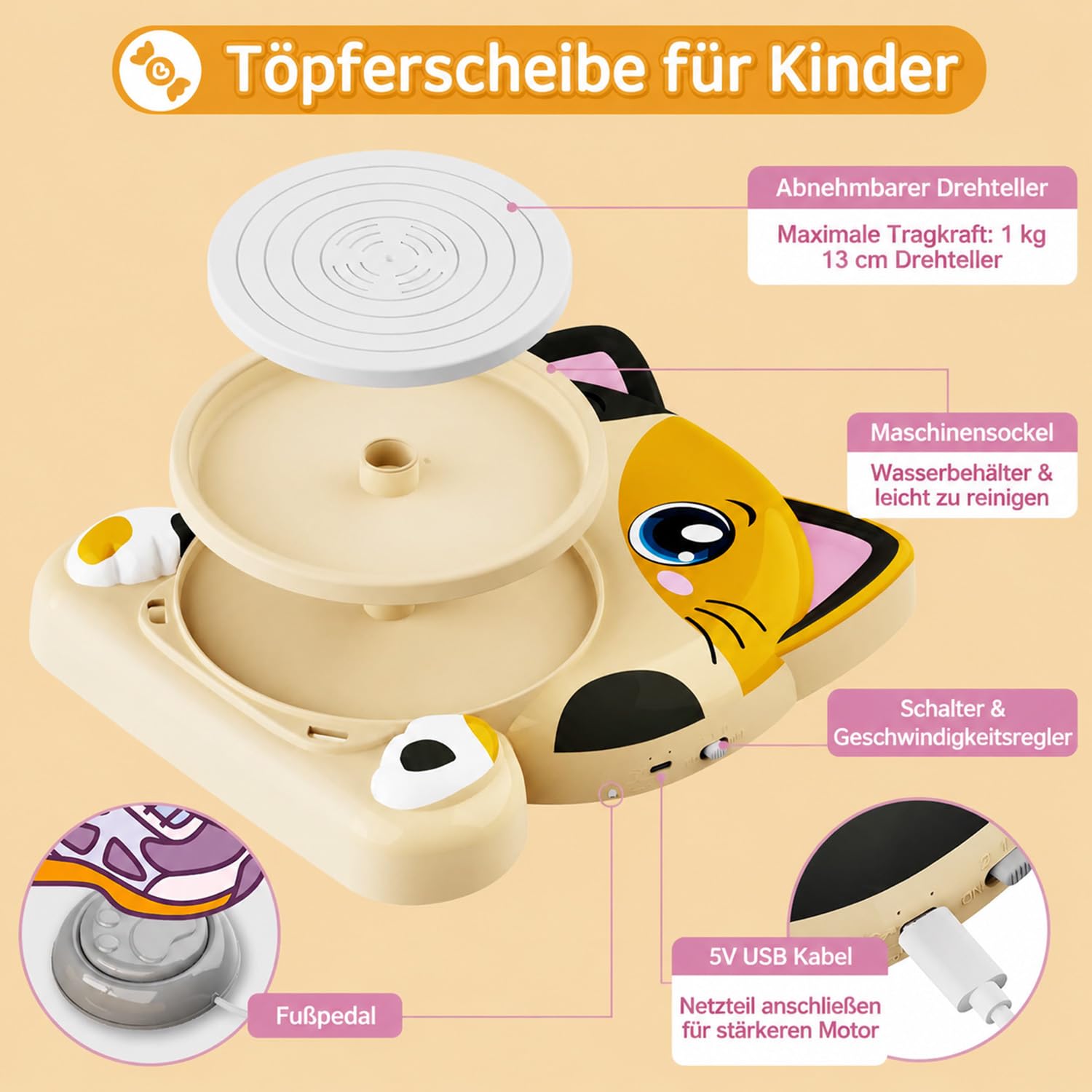 Töpferscheibe für Kinder – Komplettes Töpferstudio Set für Anfänger, Bastelset ab 8-12 Jahren mit 3x Lufttrocknender Ton, Mini Töpferrad Ostergeschenke Kinder für Jungen Mädchen (Katzenmuster)