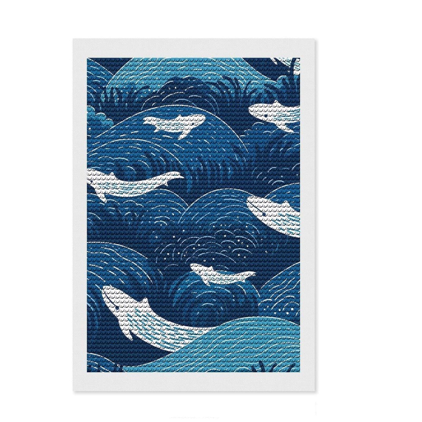 Junmoney Swimming Baby Whales Round Drill Diamond Painting 8"x12", with Tool Kit, Easy to Follow Symbols, Farmhouse Decor, for Craft Lovers