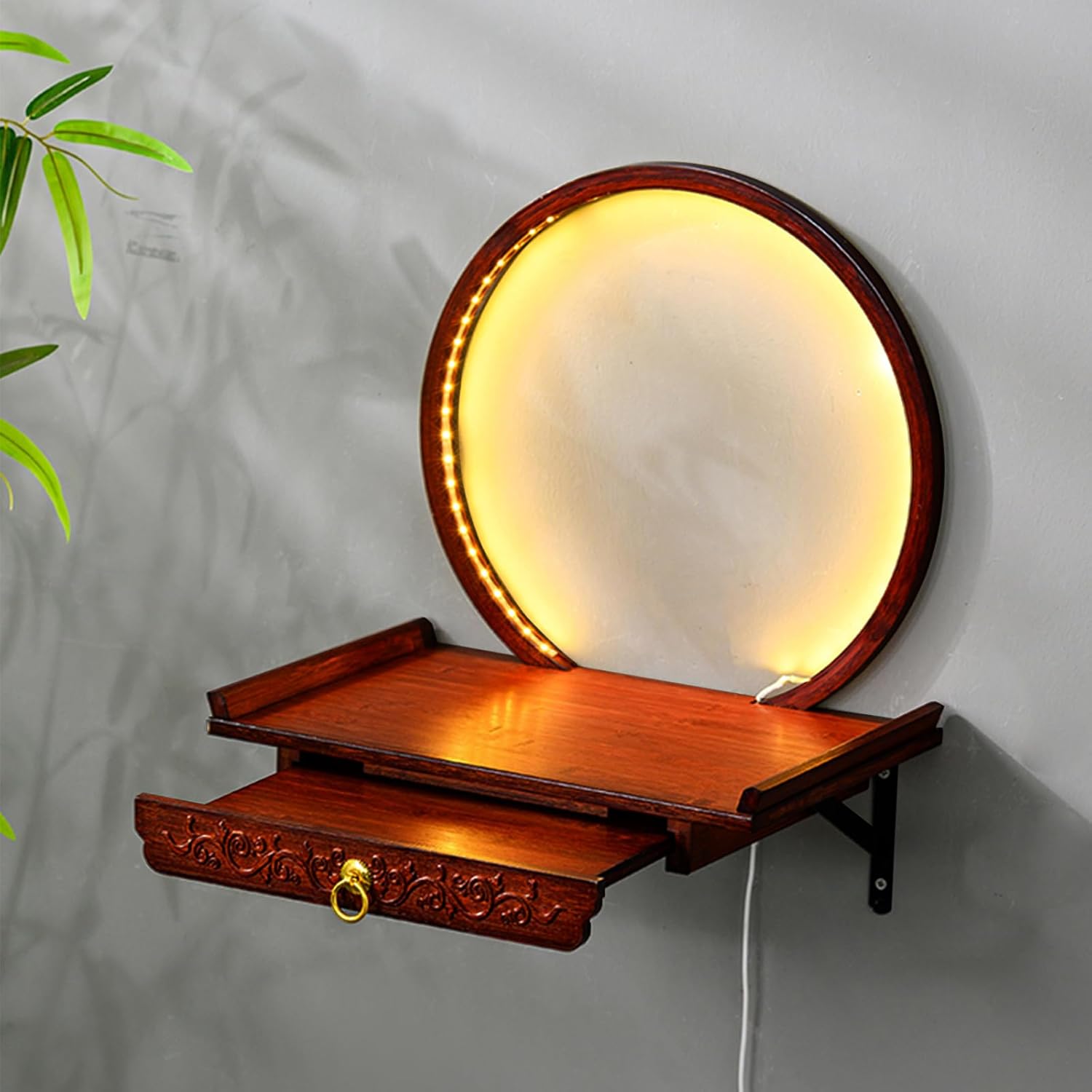 Wall-Mounted Buddha Statue Stand with LED, Small Buddhist Shrine Altar Table, Retractable Bamboo Prayer Offering Table for Living Room (Rosewood Color, 60cm/23.6in)