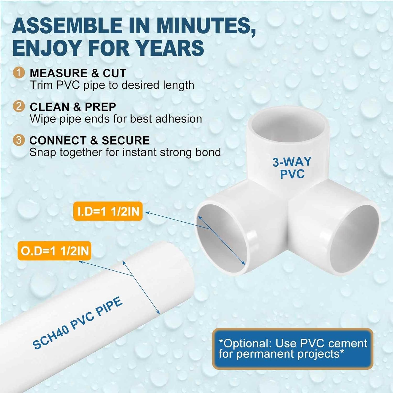 8 Pack 1 1/2" SCH40 PVC Elbow Pipe Fitting, 3-Way PVC Elbow Corner Side Outlet Tee Fitting, Furniture Grade Pipe Connectors for DIY Project, Pond Protection, Socket x Socket, White