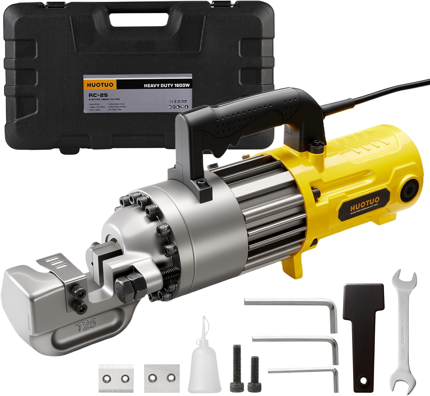1" Electric Hydraulic Rebar Cutter 2-3S Cutting Speed Portable Rebar Cutter Cutting Rebar 4-25mm #8 1600w 120v/60hz (RC25-Yellow)