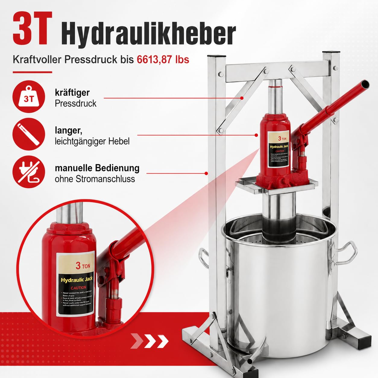 12L 3T Edelstahl Obstpresse Obstmühle Frucht Saftpresse Weinpresse Apfelpresse mit Trommel, ​Pressenrahmen und Hydraulic Jack