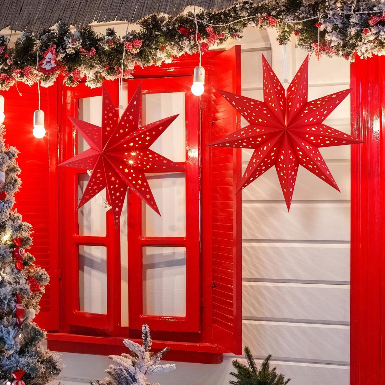 Operitacx 3pcs Christmas Paper Star Lampshade- 9-point Origami Star Lantern Lampshades for Christmas Holiday Decoration Indoor Outdoor Party Hanging Lights