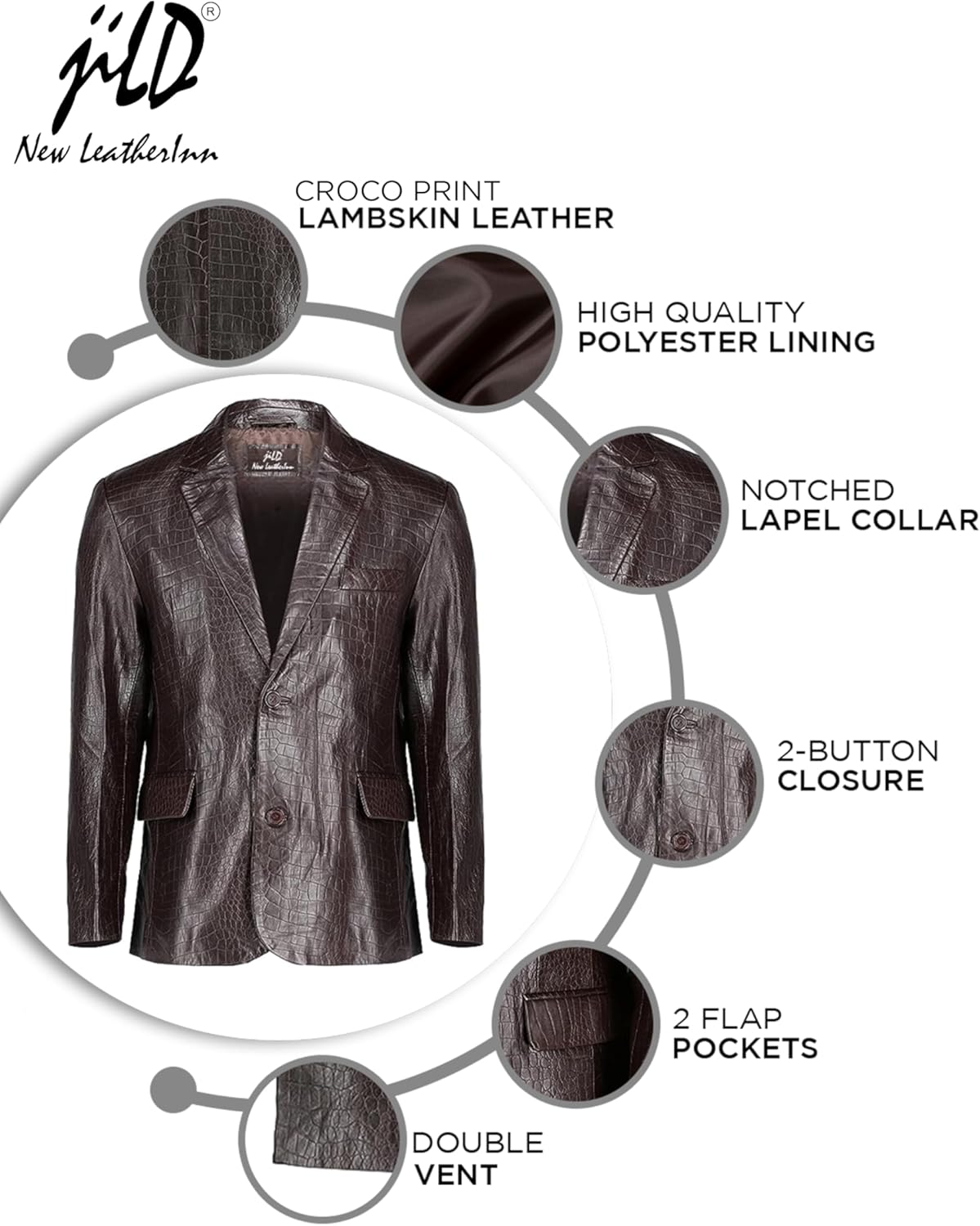 Jild 2-Button Croco Printed Premium Leather Blazer For Men - Notched Lapel Casual Coat Style Lambskin Leather Jacket Men - Image 5