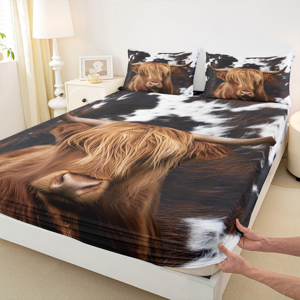 Homewish Highland Cattle Fitted Sheet Full,Cow Fur Bedding Set 3pcs for Kids Teens Adult Room Decor,Farmhouse Animals Cowhide Bed Cover Black White Brown Rustic Bed Sheet Set with 2 Pillowcases