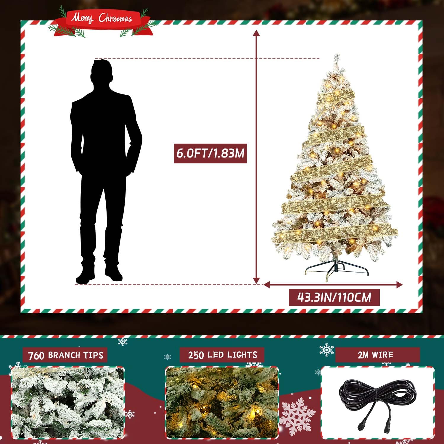 6ft Pre Lit Flocked Christmas Tree Artificial Xmas Tree Hinged Pine Full Holiday Premium Xmas Tree for Home Office Yard Party Decoration with 266 Warm White LED Lights/753 Frosted Branch Snow Tips