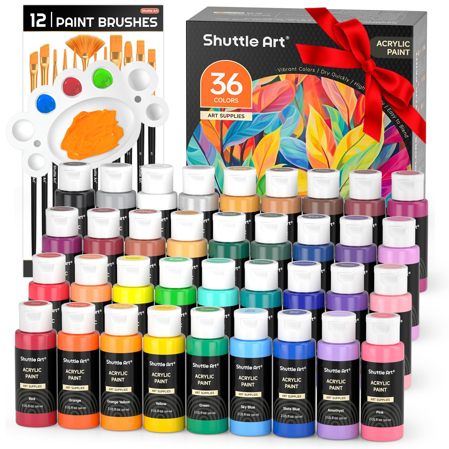 Shuttle Art Acrylic Paint Set, 36 Colors (60ml, 2oz) with 3 Brushes & 1 Palette- multicolour