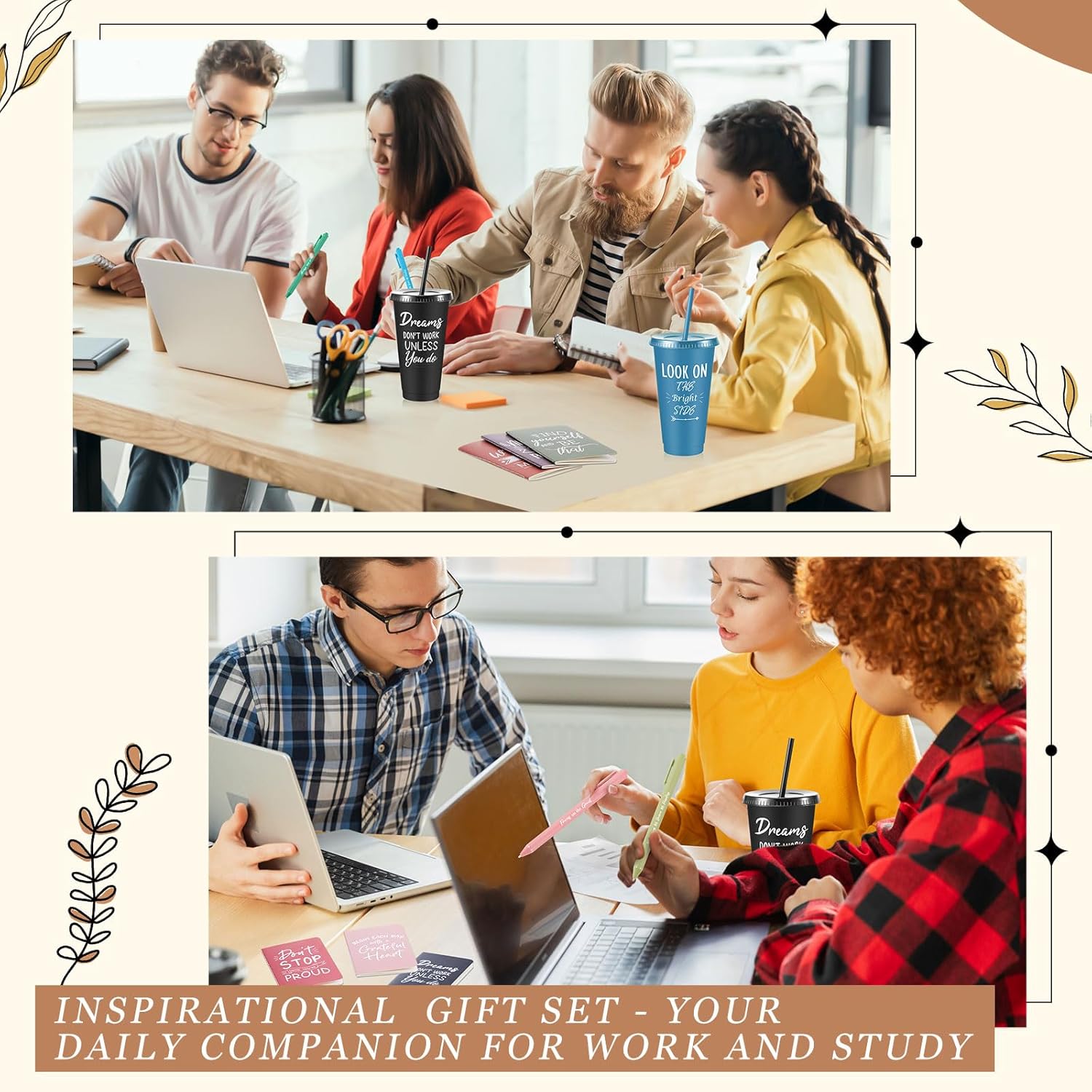 12 Sets / 48 Pcs Inspirational Gifts Bulk for Employee Appreciation, 24 oz Plastic Cups and Pens Notebooks Keychains Set, Group Gifts for Office Staff Coworkers (Morandi) - Image 7