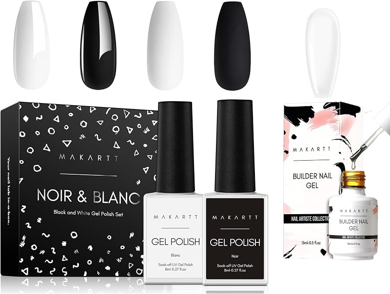 Makartt Gel Nail Polish Kit,Black White Nail Polish Gel Set Noir & Blanc Bundle Builder Nail Gel 15ml 5 in 1 Multifunctional Clear Gel Nail Polish