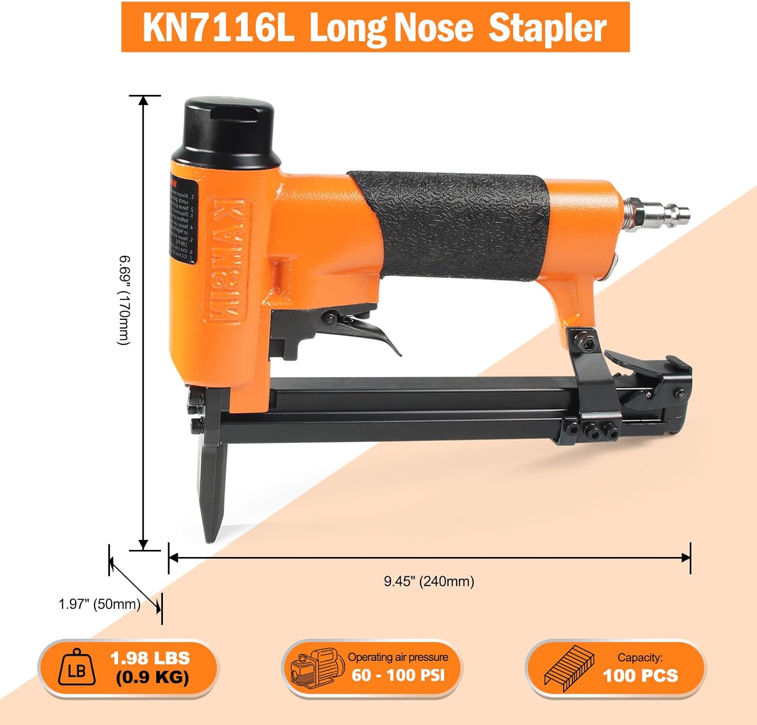Kamsin KN7116L 22 Gauge 71 Series 3/8" Crown Long Nose Pneumatic Upholstery Stapler Fits 1/4" to 5/8" Length Staples Fine Wire Staple Gun