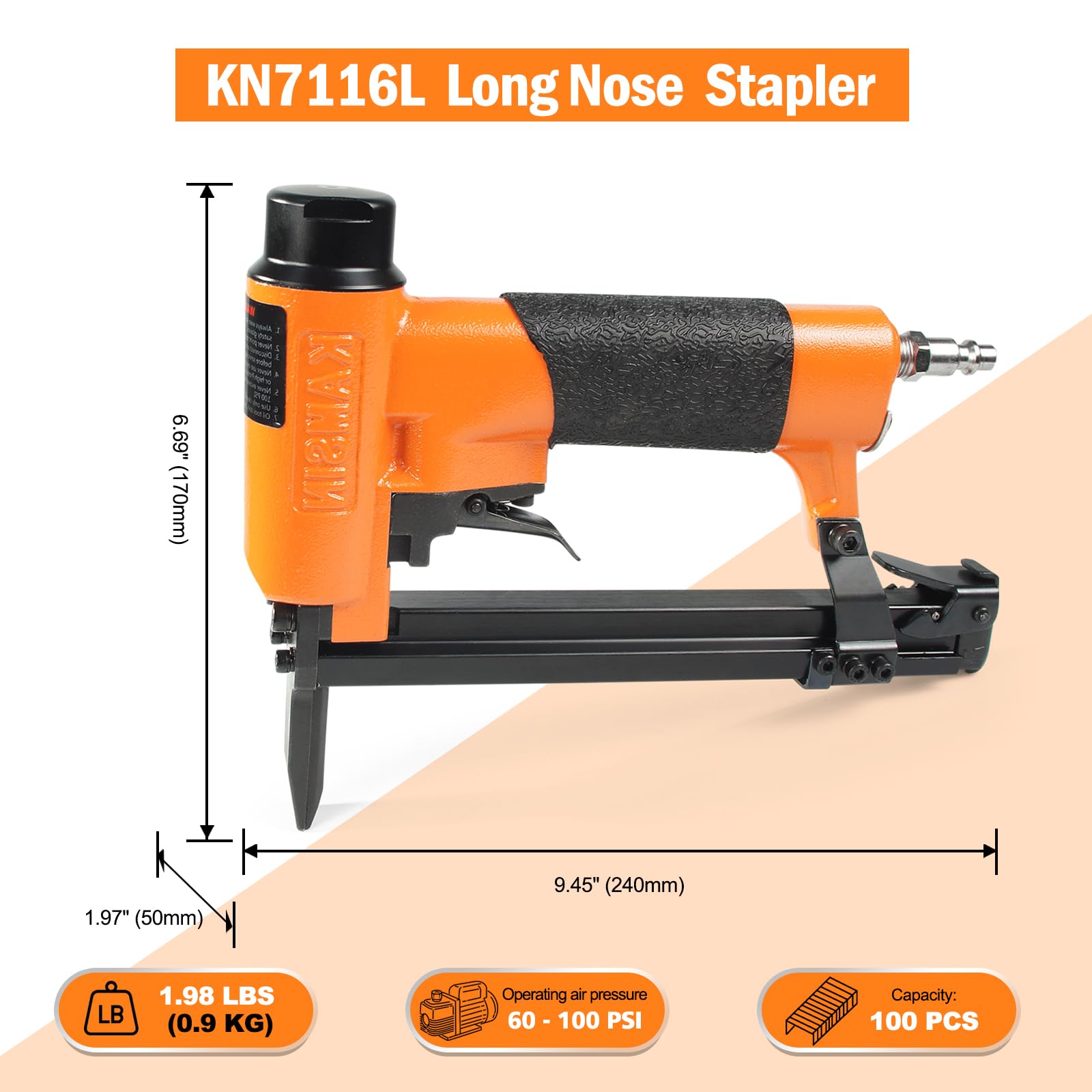Agrafeuse pneumatique KAMSIN KN7116L, calibre 22, à long bec, pour une couronne de 9,1 mm, agrafeuse pneumatique de type 71.