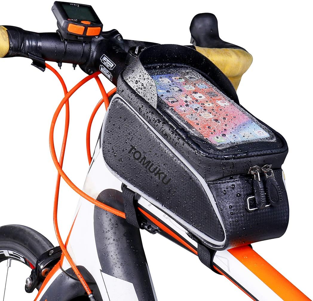 Bike Bag Bike Pouch, Bike Frame Bag Cycling Pannier Top Tube Waterproof Handlebar Bags, Bike Pouch Phone Holder, Bicycle Bag Touch Screen for Smart Phone Below 6 inch