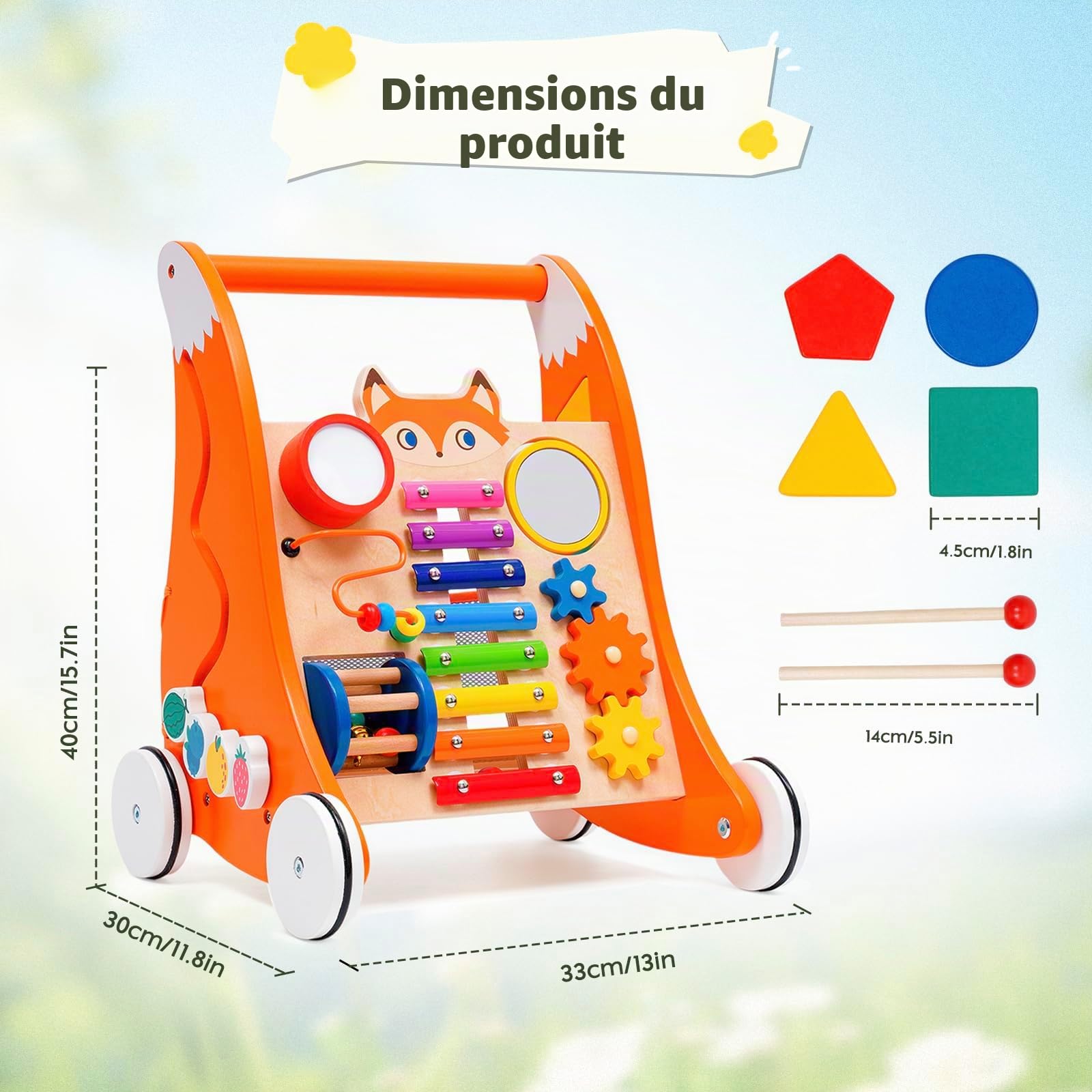 Chariot de marche en bois pour jeunes enfants, trotteur multifonctionnel avec plateau de jeu et musique, avec jouets en bois Activity Center, apprendre à marcher