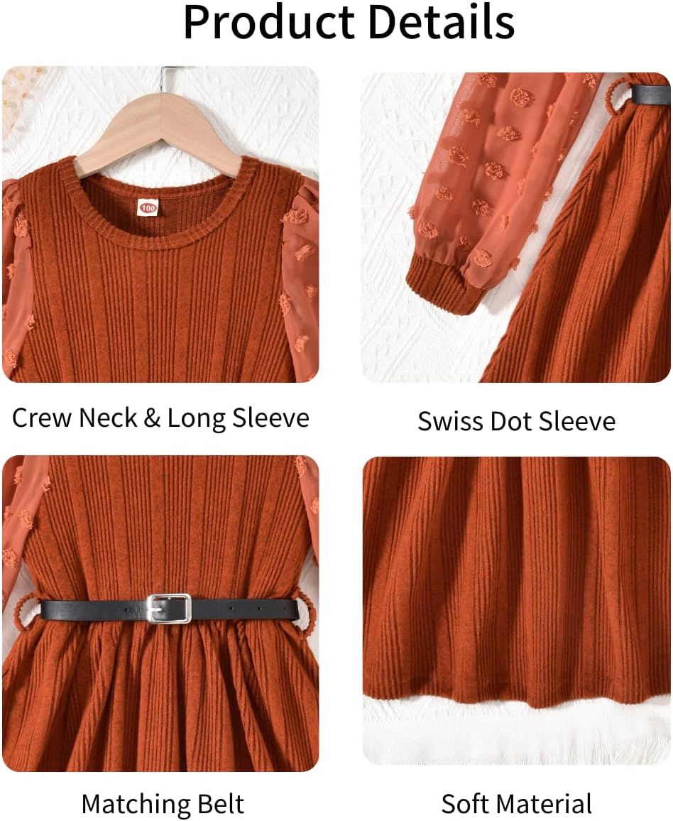 Little Girls Fall Winter Puff Long Sleeve Swiss Dot Dresses A-Line Knit Dress with Belt for Kids Size 4-12 - Image 4