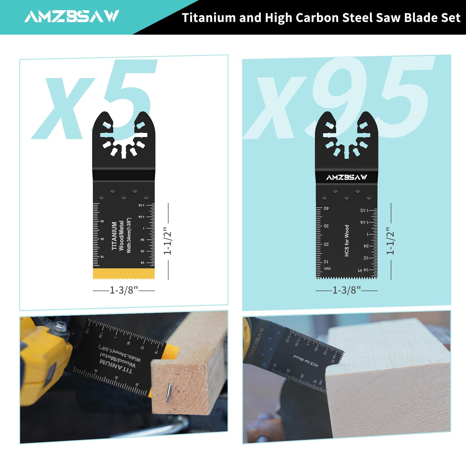AMZBSAW 100 hojas de sierra oscilantes, titanio y acero de alto carbono para madera, metal y plástico, kits de cuchillas multiherramienta de liberación rápida, kit de accesorios de herramientas