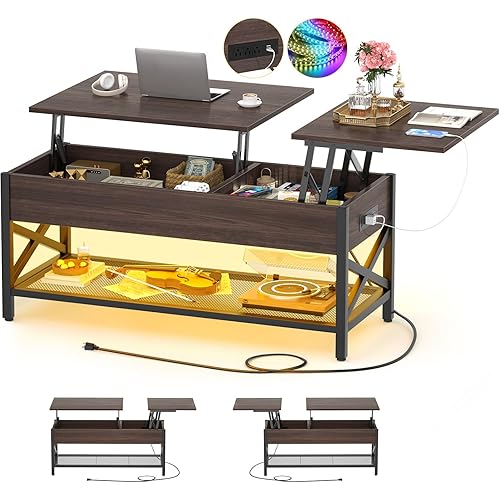 Aheaplus Coffee Table, Lift Top Coffee Table with LED light and Power Outlet, Modern Lift-Top Table with Storage Shelf, Center Table for Living Room with Lift Tabletop, X Support Metal Frame, Espresso