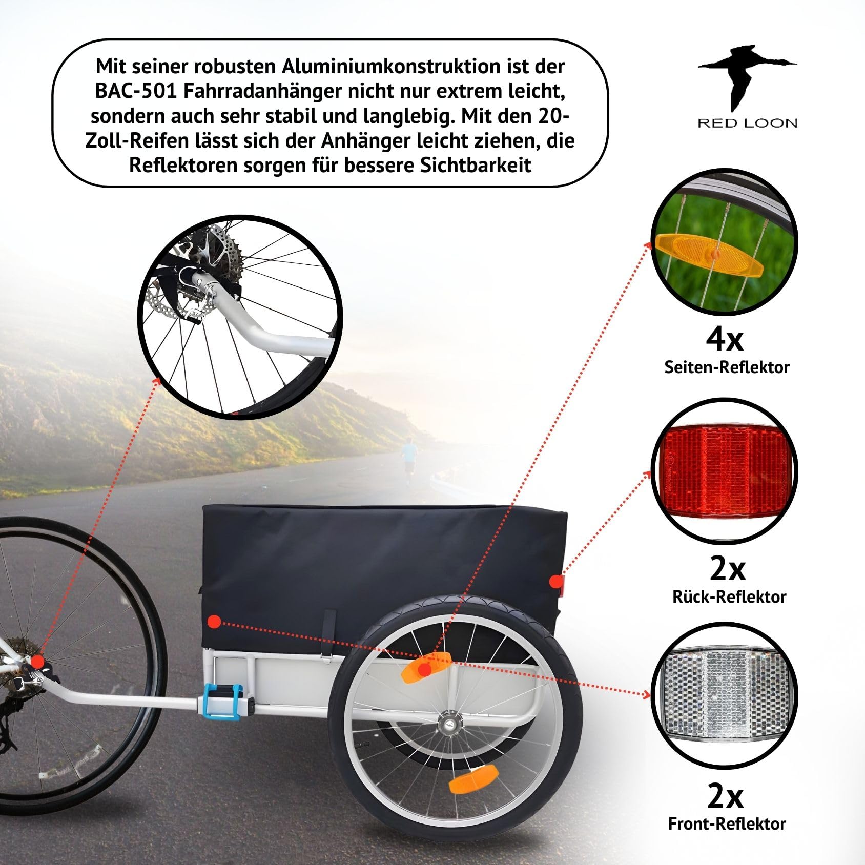 Red Loon BAC501 - Remolque para bicicleta, aluminio, extremadamente ligero, 140 litros, neumáticos de 20", para bicicletas de 26 a 29 pulgadas, para bicicletas de 26 a 29 pulgadas
