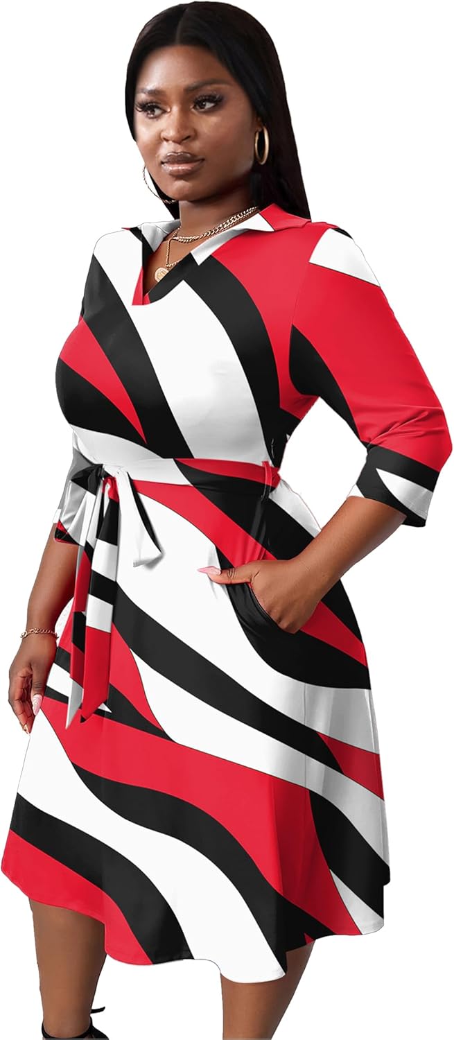 FANDEE Plus Size Midi Dress for Women - Printing Summer Dresses for Wedding Guest Cocktail Party 3/4 Sleeve V Neck(L-5XL) - Image 9