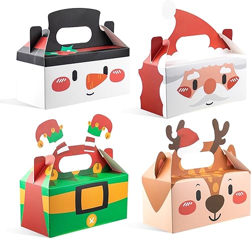Paquete de 24 cajas de regalo de Navidad, cajas de regalos de fiesta de Navidad con asa, Papá Noel, elfo, muñeco de nieve, reno, dulces, cajas de