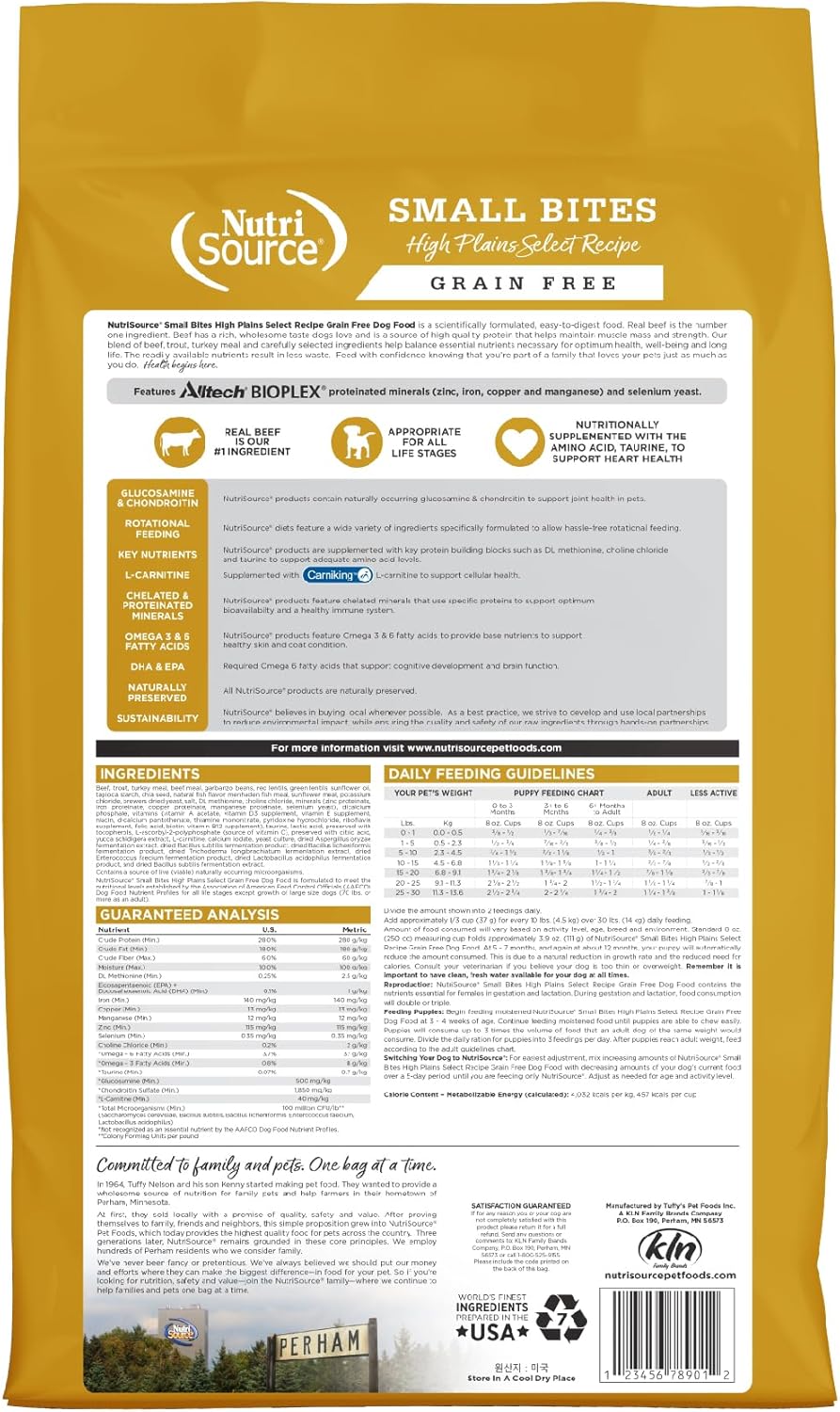 NutriSource High Plains Select Grain Free Dry Dog Food, Small Bites, Beef, Trout and Turkey Meal, 12LB