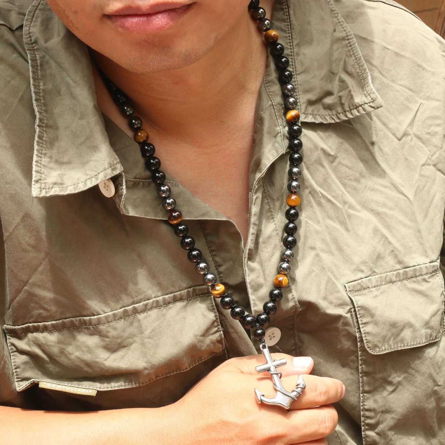 Triple Protection Crystal Bead Necklace for Men - Black Obsidian Hematite and Tiger Eye Beads Necklace with Stainless Stee Pendant, Natural Stone Beads Healing Jewelry Christmas Gifts for Him