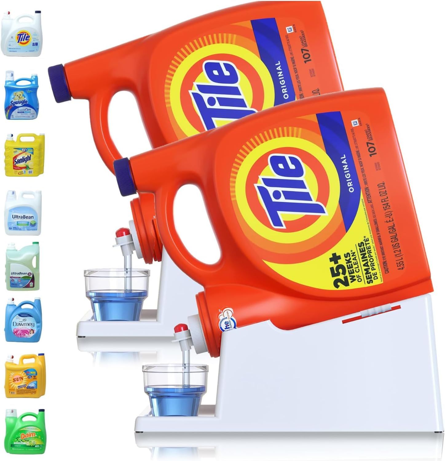 TidyFriend 2 Pack Liquid Laundry Detergent Holder Stand with Strap, Drip Tray & Rubber Feet, Stand for Laundry Room Organization and Storage, Fabric Softener Dispenser Holder for Easy Pouring (White)