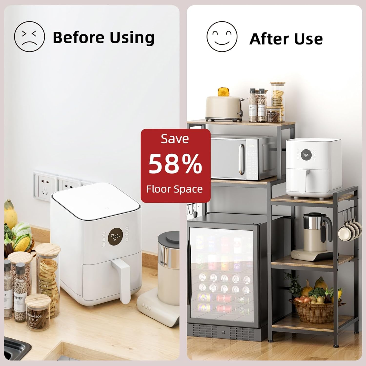 Mini Fridge Cabinet with Storage Shelves, Microwave Stand with 2 AC/2 USB Outlets, Coffee Bar Cabinet with Mini Fridge Space, Utility Storage Shelf for Home Kitchen Dorm Office