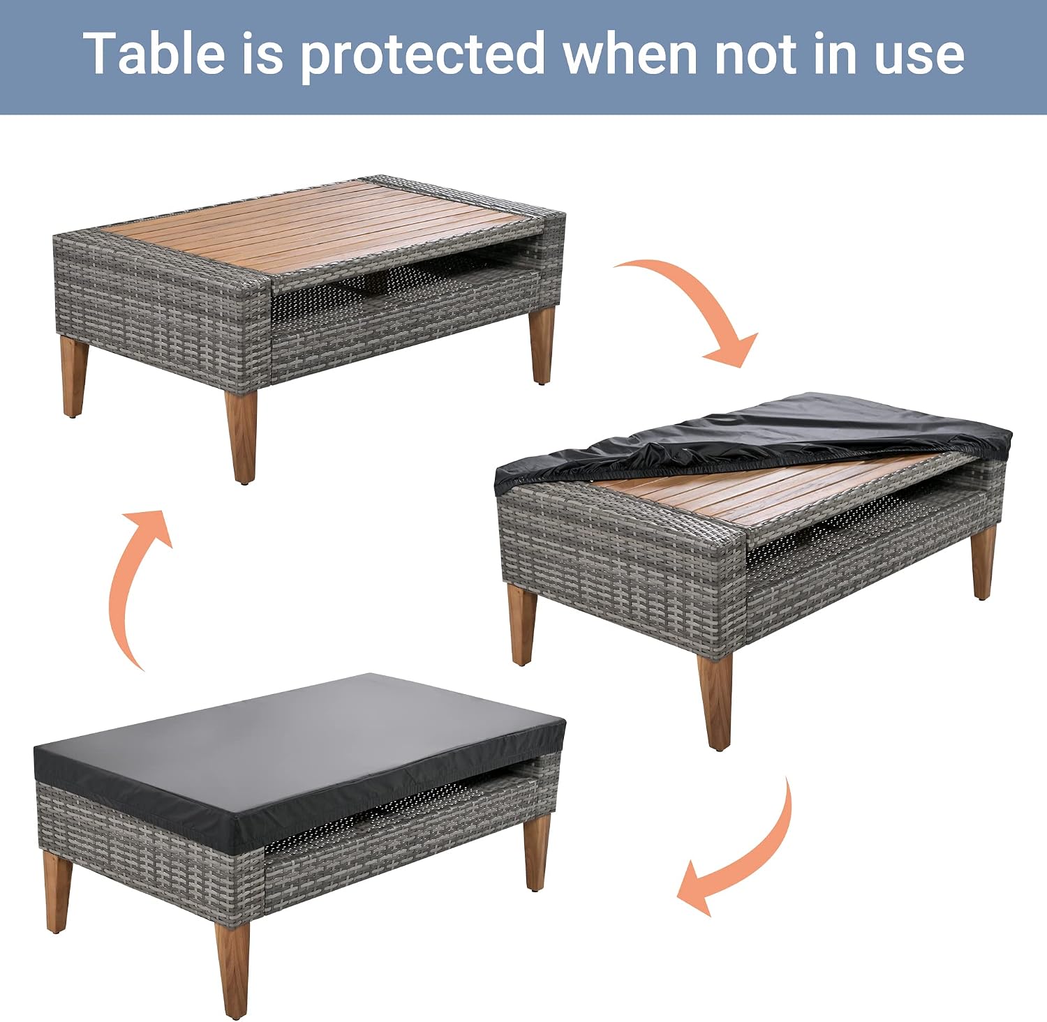 6-Piece Patio Sectional Set Outdoor Rattan Sofa Set with Double Cushions and Coffee Table, Gray Wicker Outdoor Sofa with Beige Cushions & Wood Table Top and Wood Legs, All-Weather PE Wicker Couch Set