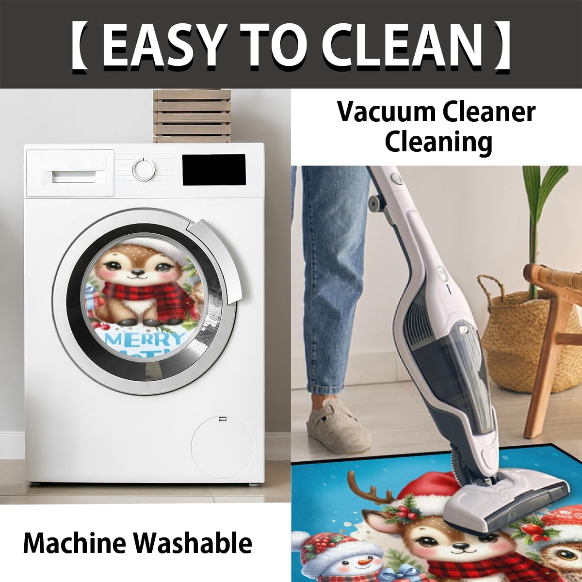 Christmas Non-Slip Soft Half Round Door Mat, Merry Christmas Snowman Deer Owl Semicircle Mat for Indoor Entrance Garage Bath Living Room Patio 24 x 36 in