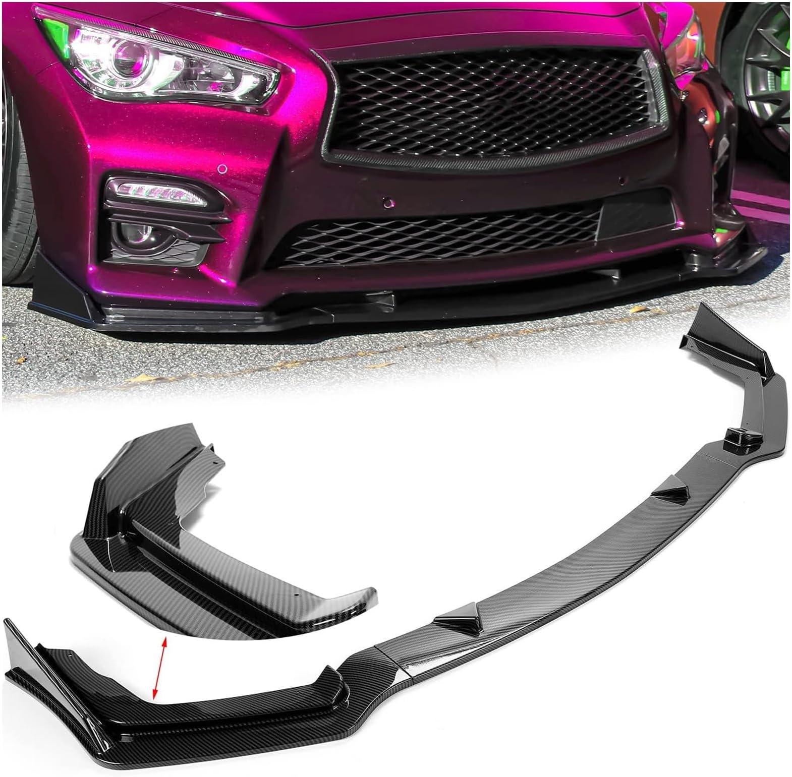Kojem 3-Piece Front Bumper Lip Spoiler Compatible with 2014-2017 Infiniti Q50 Sport Model Splitter Spoiler Trim Protection Carbon Fiber Color