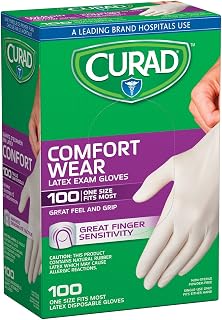 Curad Comfort Wear Powder-Free Latex Exam Gloves, One Size Fits Most, 100 Count - Medical Grade Protection & Sensitivity