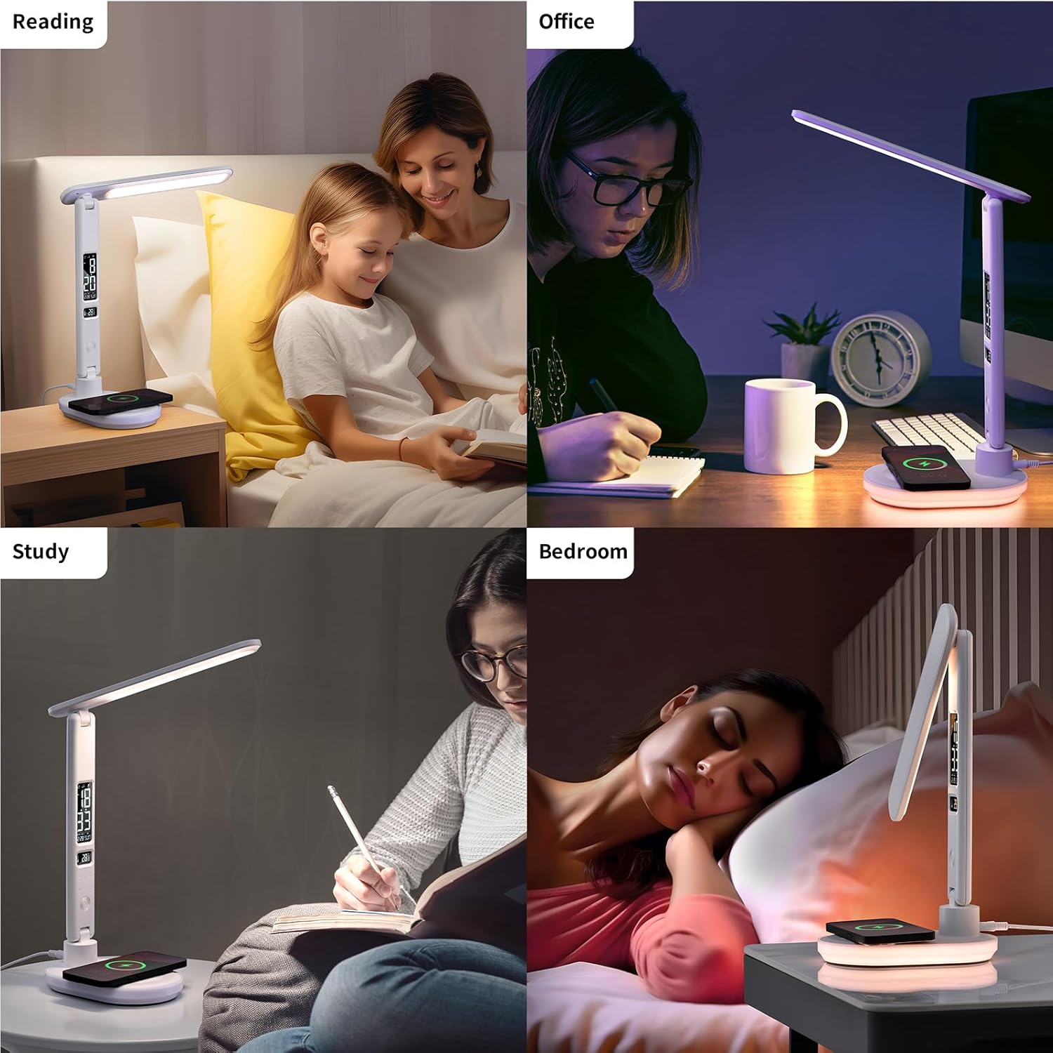 LED Desk Lamp with 10W QI Wireless Charging, Flexo Table Lamp with 3 Colors and 5 Brightness Levels with Charging Function,USB,Clock,Temperature,LCD,Date,Touch Control. (White)